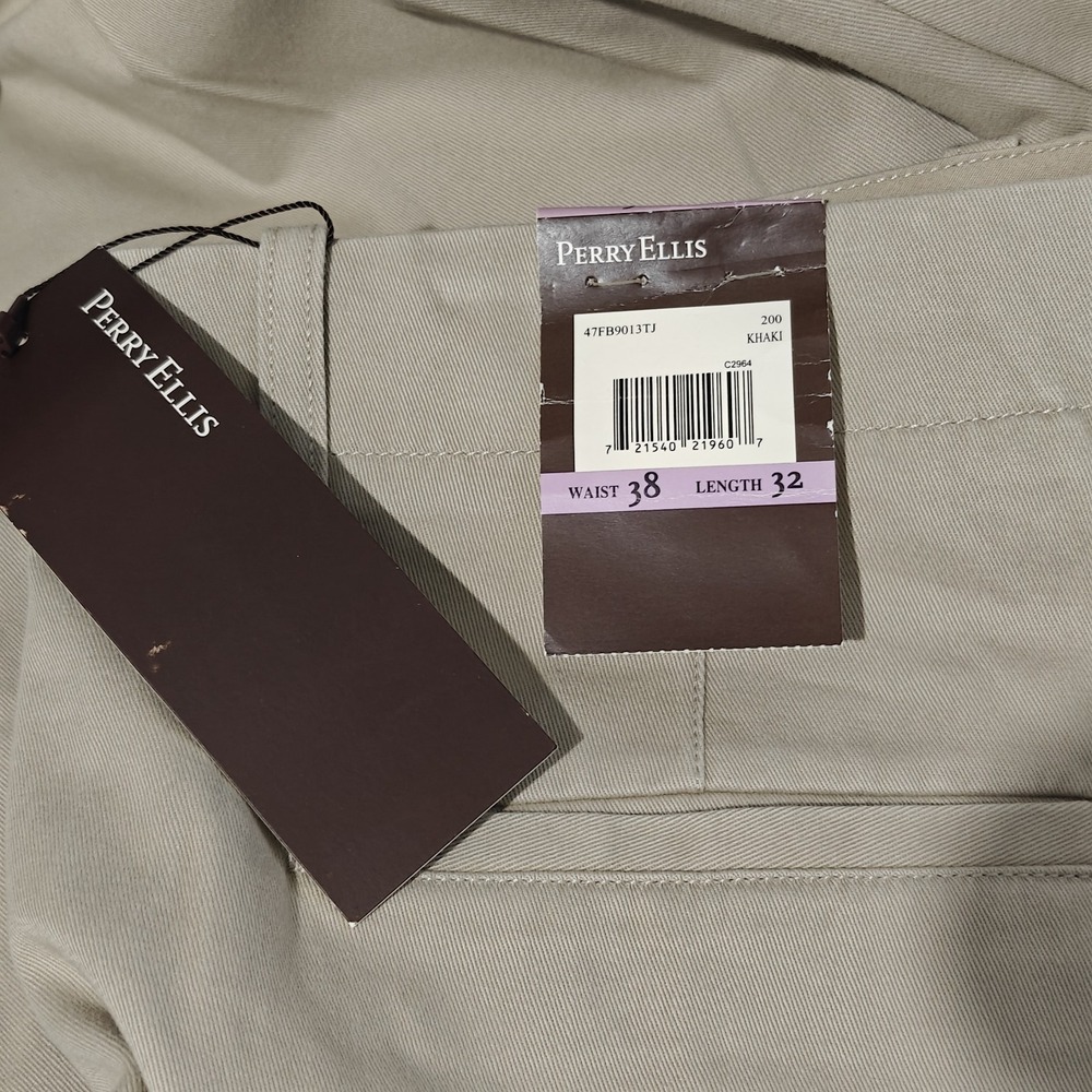 Perry Ellis Men's Khaki Pants Flat Front Beige Cotton Twill Size 38 x 32 NEW - Picture 6 of 11